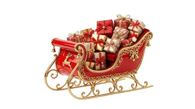 Red christmas sleigh filled with wrapped gift boxes isolated on transparent background