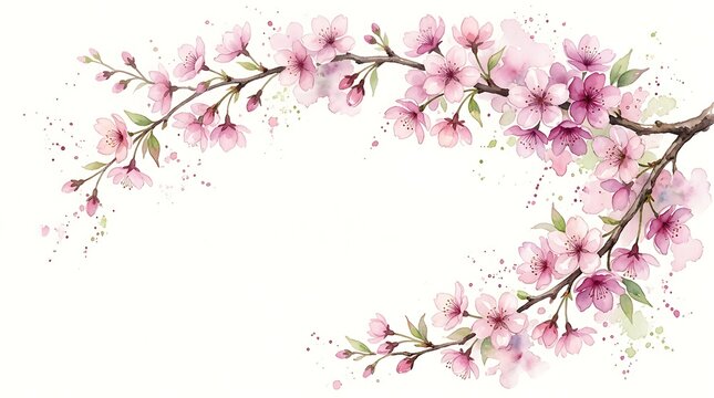 Watercolor cherry blossom branch frame with copy space on white background