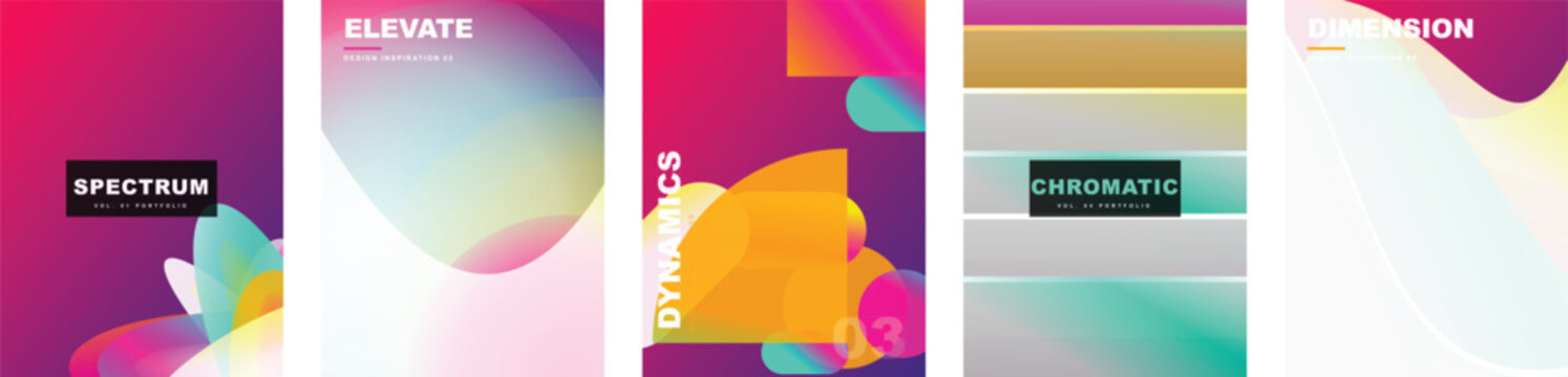 Vibrant magenta gradient poster templates set. Vector modern cover layouts with overlapping circles, horizontal color bars, fluid mesh shapes and bold typography for creative design portfolios