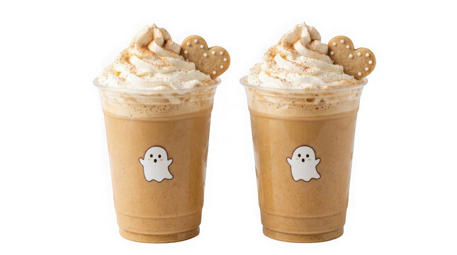 Two cups of pumpkin spice latte with whipped cream and heart cookies isolated on transparent background