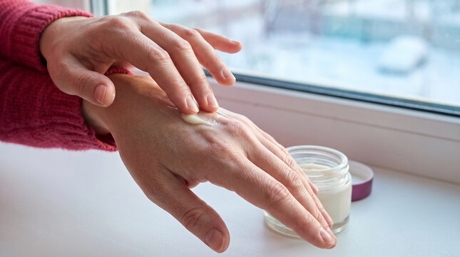 Woman applying cream to dry skin on hands near window  