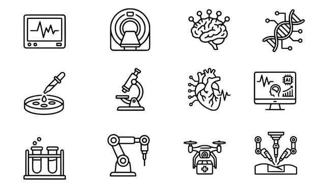 Medical Technology and Healthcare Line Icons Set. AI Diagnostics, Robotic Surgery, MedTech, Biotechnology and Smart Medicine Outline Symbols