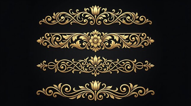 Golden Floral Ornaments, Elegant Decorative Elements, Vintage Design Flourishes Featuring Gold, Decoration