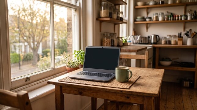 Remote work setup with laptop and steaming beverage on rustic wooden table in sunny kitchen interior with blurred background shelf and natural window morning light.