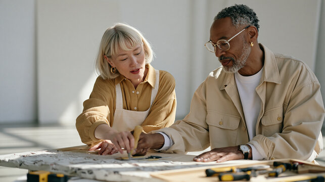 An interracial senior couple sands a rough screenwriting desk surface in a minimalist studio, an open toolbox on the floor between them, before-and-after retirement reinvention