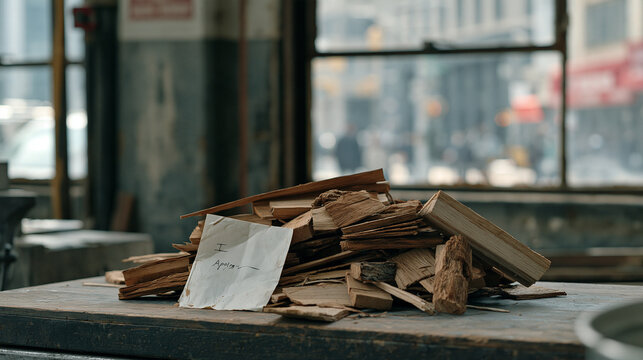 A symbolic still life on a cidery production floor showing a worn apology note beside a pile of oak offcuts, implying an interracial couple navigating a conflict, a busy urban