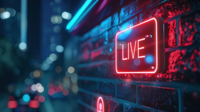 Live streaming and digital broadcast neon sign on brick wall with urban night city bokeh background for social media content creation and online communication