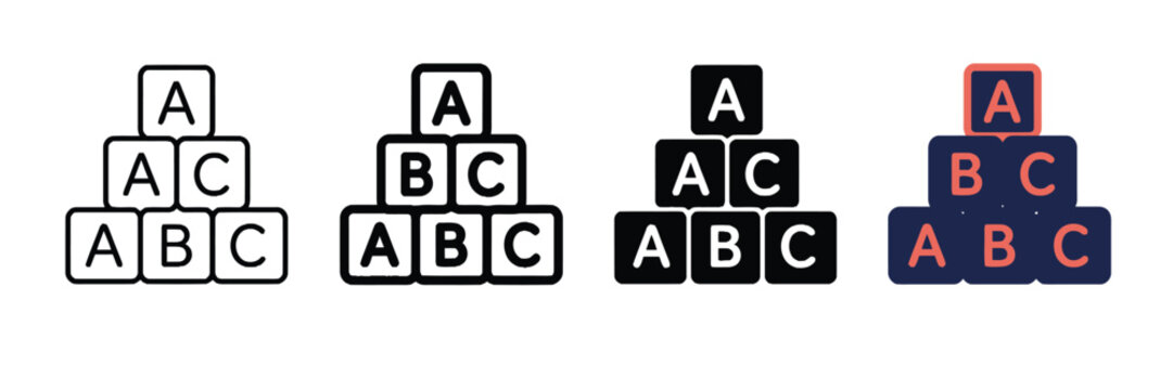 Colorful vector graphic illustration showing alphabet blocks stacked in pyramid shapes with letters for kids education learning