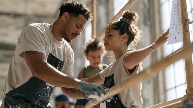 An interracial couple wipes down ceiling work tools in an empty desolate space, a thermometer gauge reading taped to scaffolding, their toddler watching mid-tantrum as they