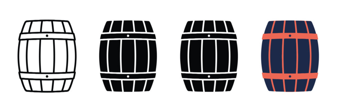 Wooden barrel vector graphic icon set featuring outline silhouette and colorful flat illustration styles for design