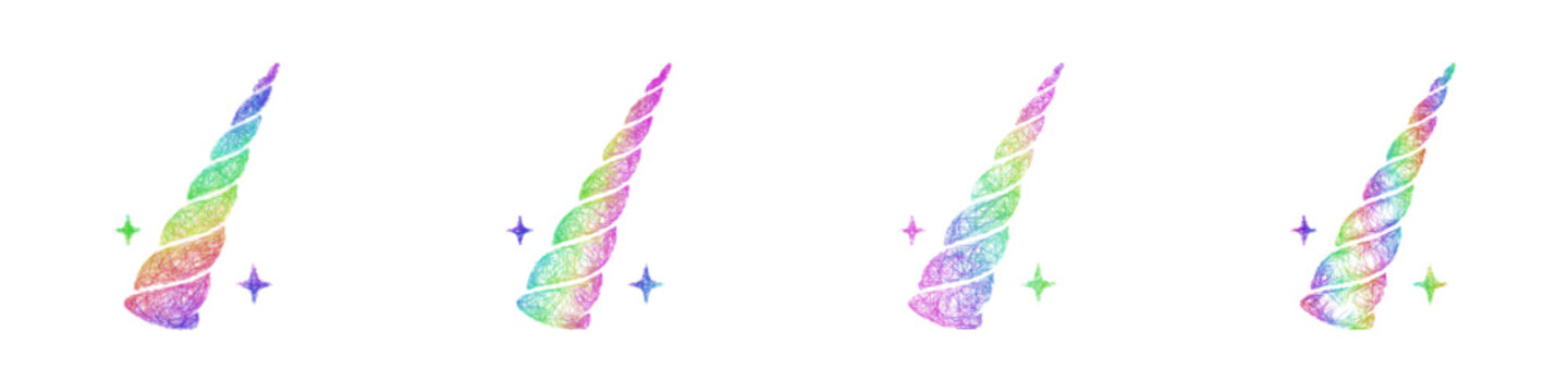 Multicolor sketch unicorn horn icon design set