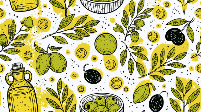 Seamless pattern with olives, oil bottles, and a small bowl,retro design