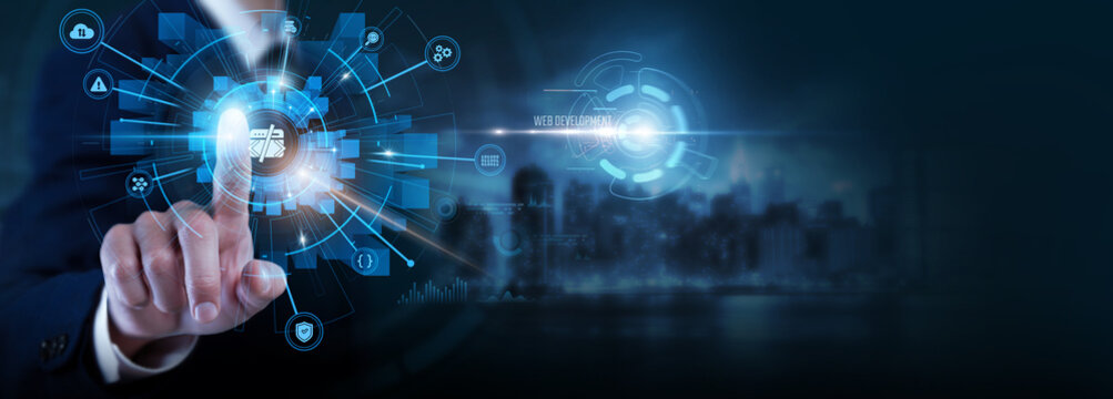 Businessman interacting with Web Development and technology data. analyzing code, monitoring projects, improving websites, optimizing performance, supporting digital solutions