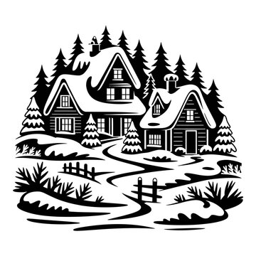 Winter village scene with snow covered houses a black silhouette