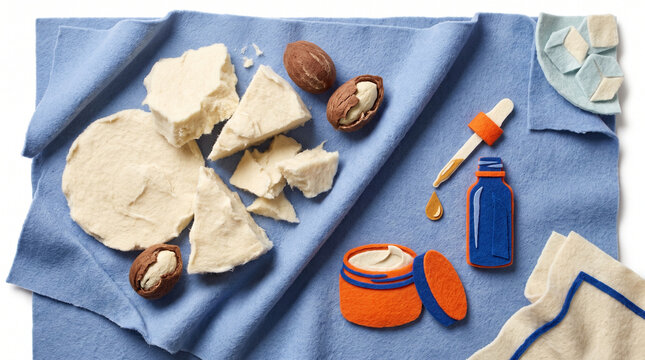 Skincare ingredients including shea butter and oils on blue fabric  