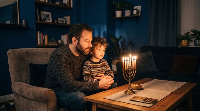 Father and son observe Hanukkah menorah candles lit in a cozy living room at night