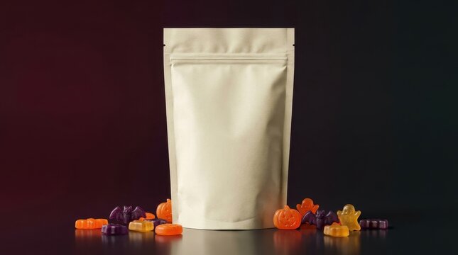 Blank matte beige standup pouch mockup positioned with colorful assorted spooky halloween gummy candies on a dark sleek surface