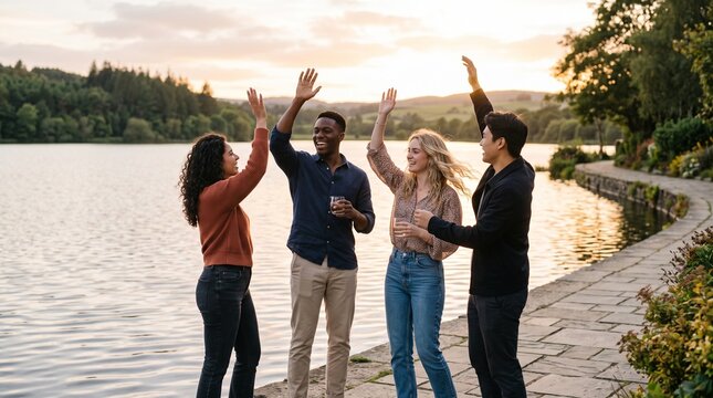 Diverse group of friends celebrating with high fives by a serene lake at sunset