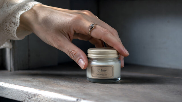 Woman reaching for a small glass jar of face cream on a shelf in a close up skincare and beauty scene