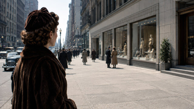 Elegant woman in vintage fashion looking toward a luxury department store while standing on a busy midcentury city street