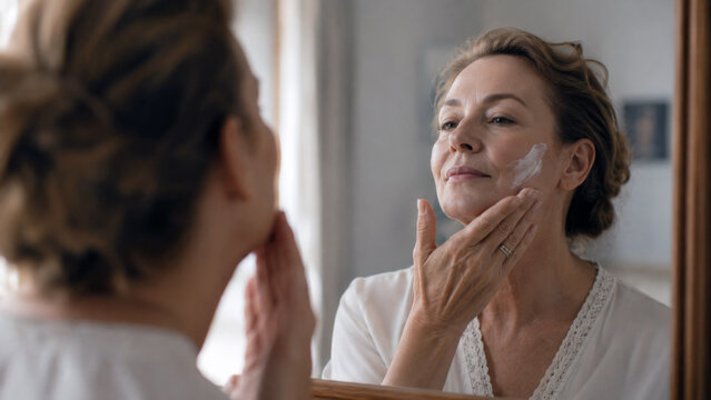 Mature woman applying moisturizer to her face while looking in a mirror during her daily skincare routine