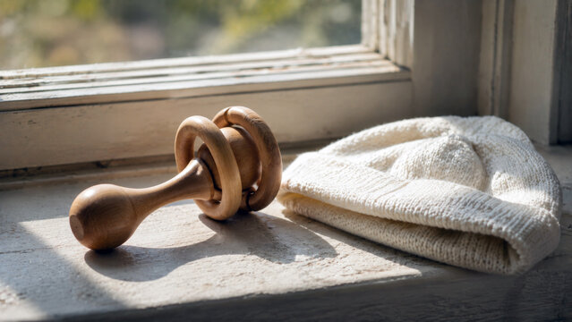 Vintage wooden baby rattle and soft knitted bonnet resting on a sunlit windowsill in a nostalgic nursery scene