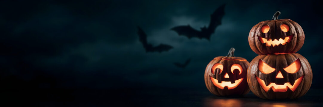A spooky halloween composition with three carved, glowing jack-o-lanterns stacked and placed on a dark surface against a cloudy night sky with bats