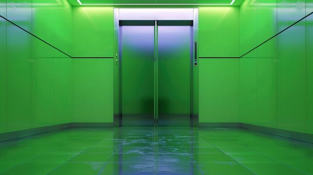 Corporate architecture and modern office design closed elevator doors in a bright green hallway with minimalist interior and reflective floor surfaces