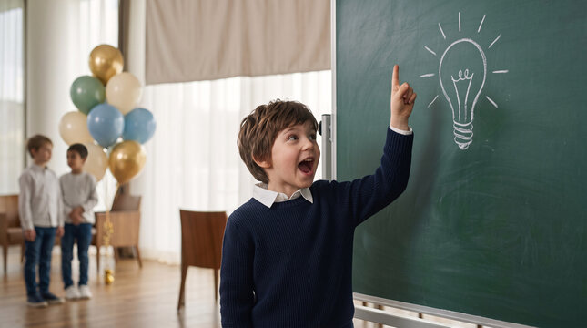 Enfant levant la main en classe avec symbole d&rsquo;id&eacute;e