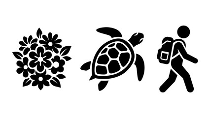 Vector illustration of a bouquet of flowers sea turtle hiker with backpack flower bouquet travel icons © Dhriti Roy