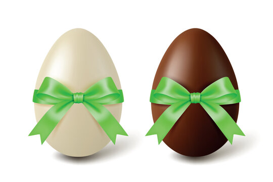 Vector 3d White and Black Chocolate Easter Eggs with Green Satin Bows, Isolated. Sweet Holiday Gift Illustration. Festive Spring Dessert Decoration. Candy Surprise Concept