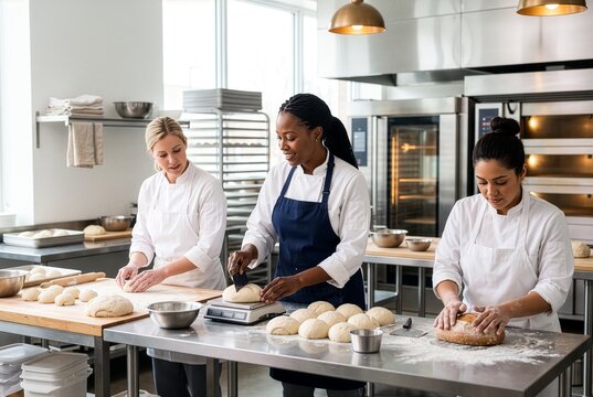 Bakery team preparing dough during morning production, illustrating teamwork, food manufacturing and professional bakery workflow.