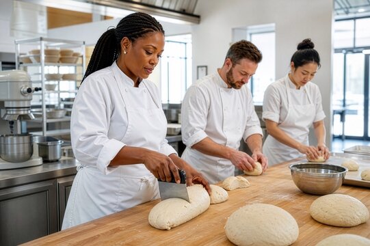 Bakery team preparing dough during morning production, illustrating teamwork, food manufacturing and professional bakery workflow.