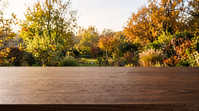Surface de table en bois avec paysage automnal flou