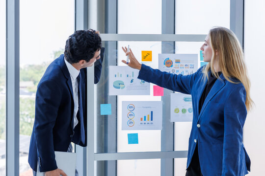 Two businessman and businesswoman partners  in suits smiling standing Talking Discussing presenting financial graph Concept on flip chart board  business expressed embolden and successful concept.