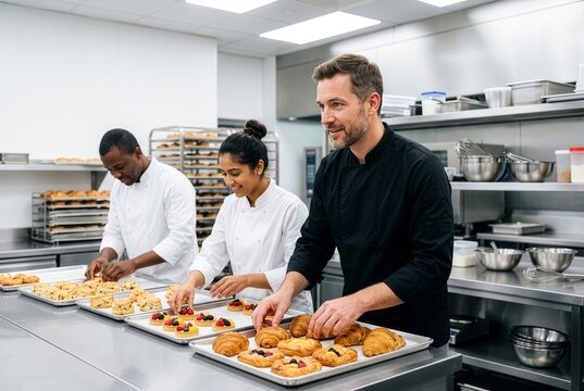 Commercial kitchen team assembling baked goods for service, illustrating teamwork, food-service workflow and hospitality production.