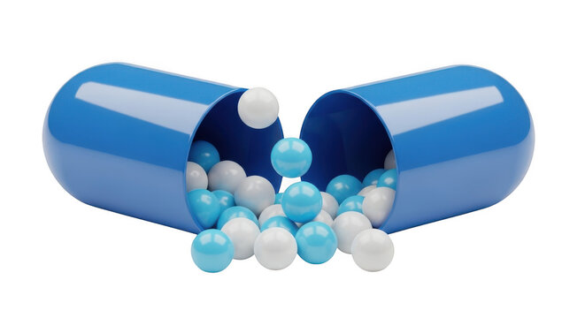 Blue open capsule pill with medicine granules, pharmaceutical antibiotic capsule with spheres, medical supplement pill on white background