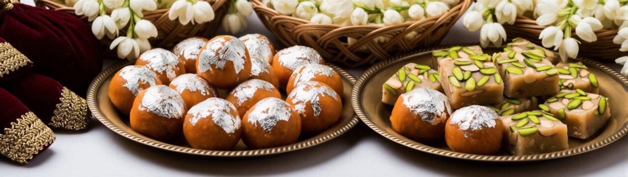 Traditional Indian sweets laddu and barfi arranged on brass plates with flower garlands for festive celebrations like Diwali and weddings