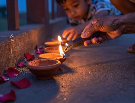 A young boy and an adult hand lighting traditional clay oil lamps or diyas with rose petals scattered on the ground during a celebration