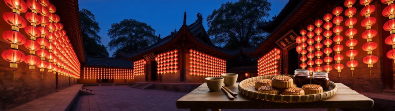 Mooncake and tea on table in courtyard adorned with glowing red paper lanterns during Mid Autumn Festival celebration at night in traditional Chinese architecture