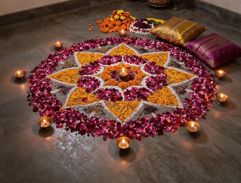 Diwali festival floral rangoli decoration with colorful flower petals and lit oil lamps diyas on floor for celebration