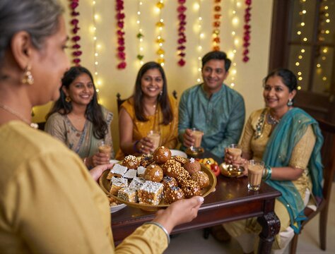 A mature woman offering a tray of Indian sweets and snacks to her family sitting together around a table decorated with fairy lights