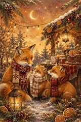 Fototapeta premium Cozy winter fox family beneath festive woodland lights