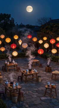 Moonlight evening with glowing traditional lanterns illuminating an outdoor courtyard setup for tea ceremony celebrations