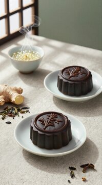 traditional mooncake desserts served on small white plates with hot tea and ginger on a rustic table