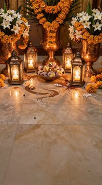 Traditional Indian festival decor with golden lanterns, bronze vases filled with white lilies and marigold flowers, and sweets on a marble floor