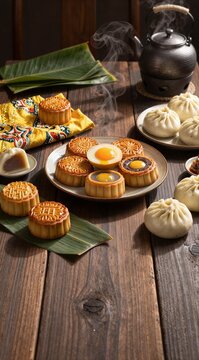Delicious traditional Asian mooncakes and steamed buns arranged on a rustic wooden table with a steaming teapot and green banana leaves for a festive celebration