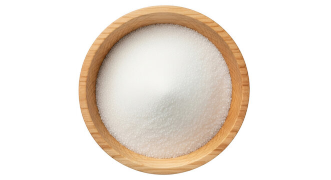 Fine white sea salt in wooden bowl isolated on white, top view of granulated sugar in round timber dish, culinary seasoning ingredient