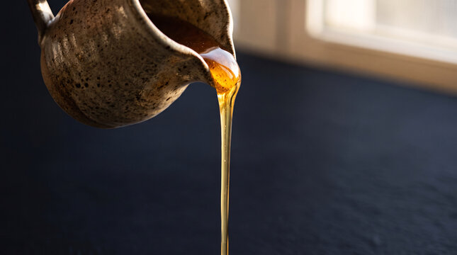 Miel liquide vers&eacute; depuis un petit pichet en c&eacute;ramique