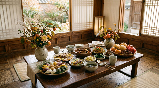 Chuseok family gathering setting with traditional Korean food songpyeon and autumn fruits on wooden table